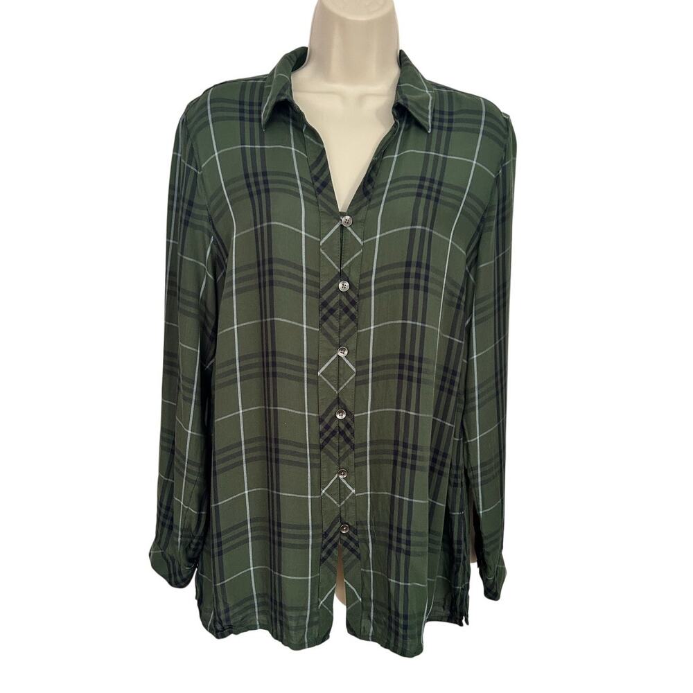 J Jill Tunic Top Button Long Sleeve Navy Green Plaid Super Soft XC Women Medium